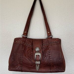 American West hand tooled Brown Leather Embossed Women's shoulder Bag